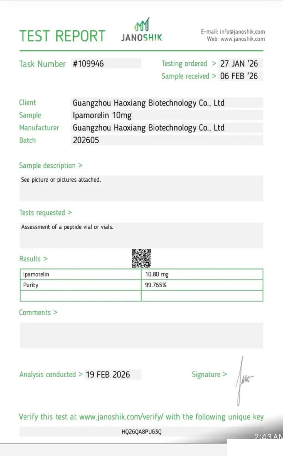 Page one of the Janoshik Analytical certificate of analysis for Ipamorelin 2 mg, report #109946, showing 99.765% purity