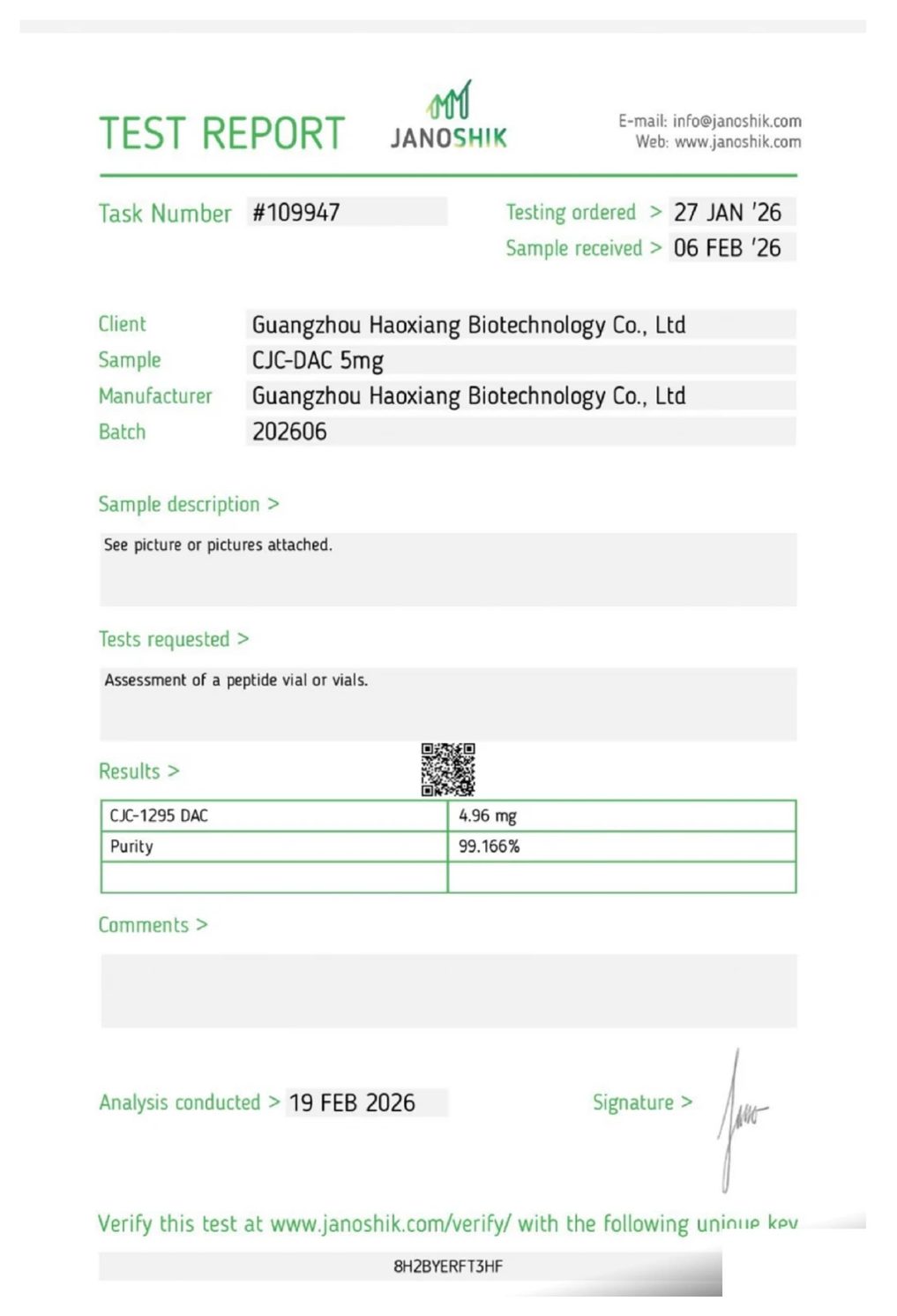 Page one of the Janoshik Analytical certificate of analysis for CJC-1295 DAC 2 mg, report #109947, showing 99.166% purity