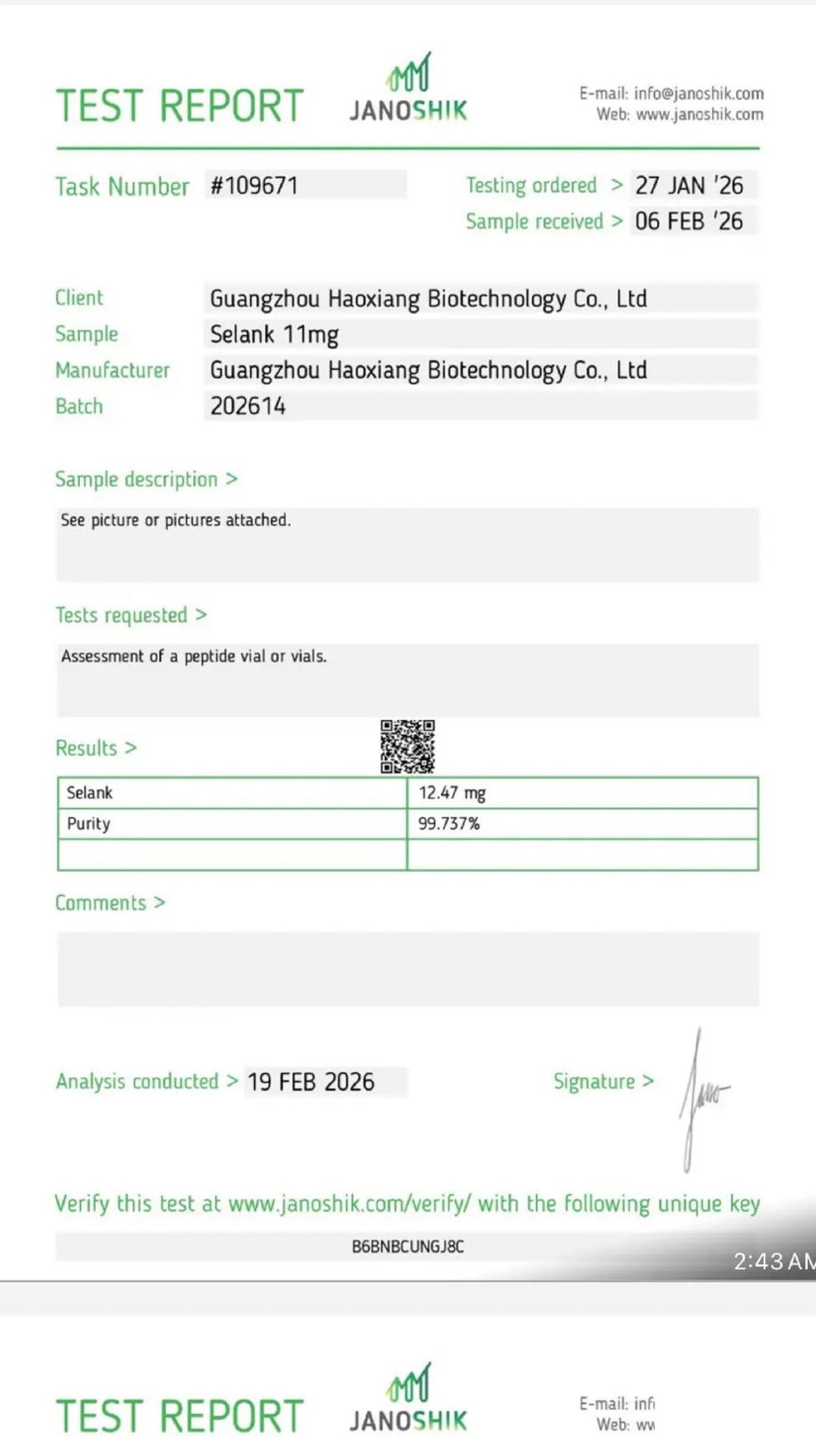 Page one of the Janoshik Analytical certificate of analysis for Selank 10 mg, report #109671, showing 99.737% purity