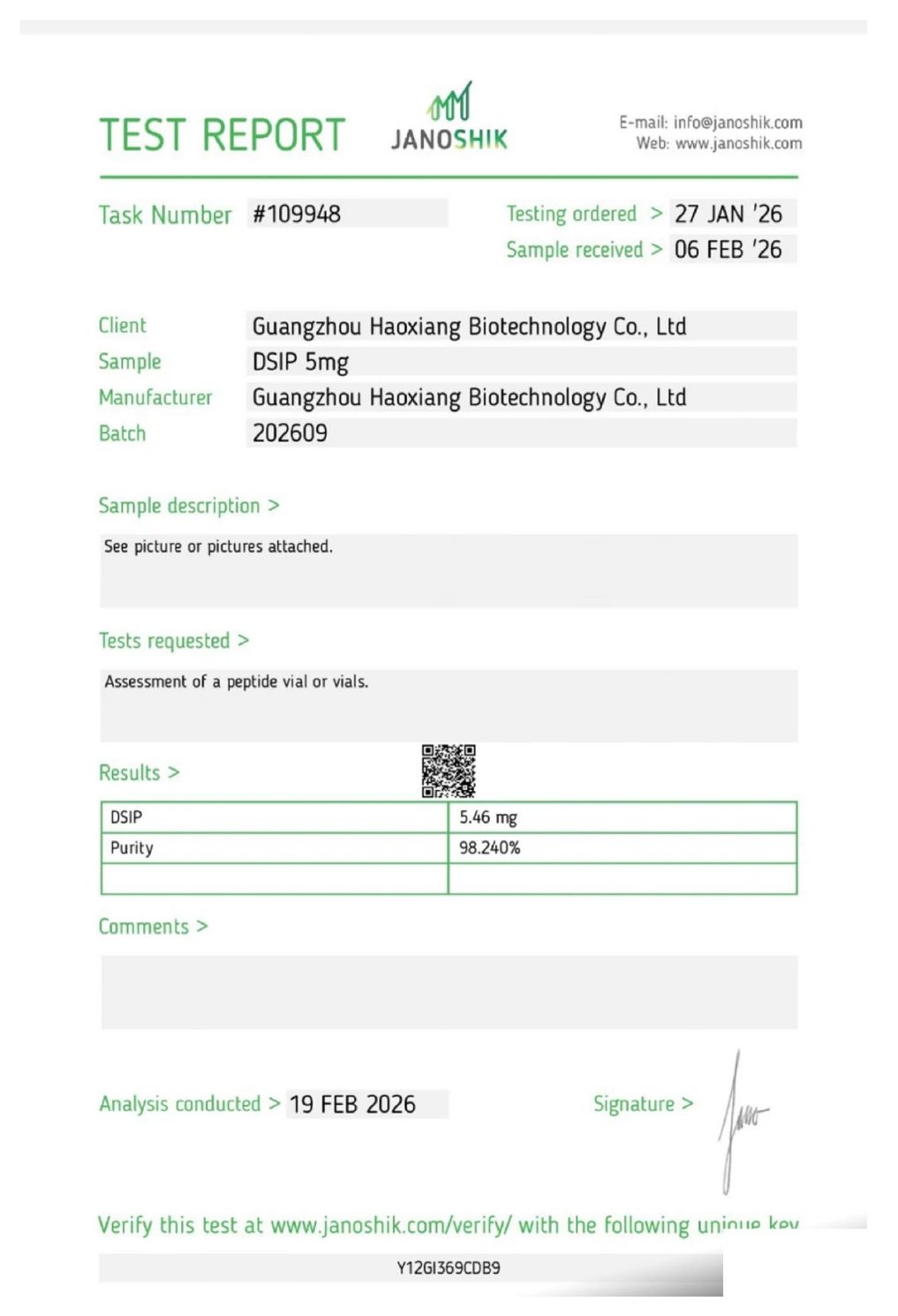 Page one of the Janoshik Analytical certificate of analysis for DSIP 5 mg, report #109948, showing 98.240% purity