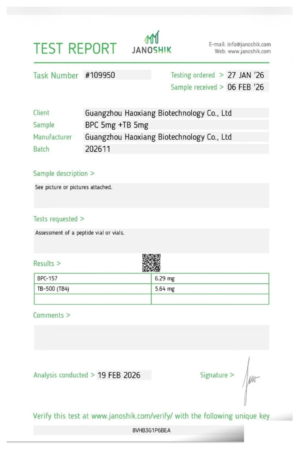 Page one of the Janoshik Analytical certificate of analysis for TB-500 5 mg, report #109950