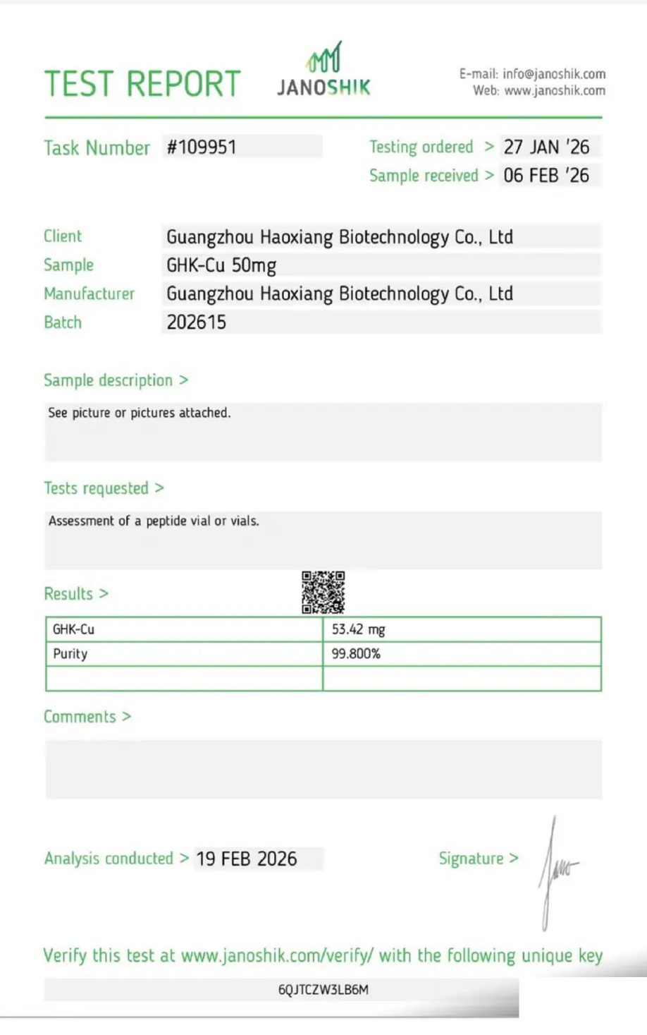 Page one of the Janoshik Analytical certificate of analysis for GHK-Cu 50 mg, report #109951, showing 99.800% purity