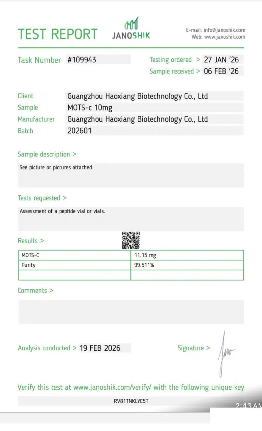 Page one of the Janoshik Analytical certificate of analysis for MOTS-c 5 mg, report #109943, showing 99.511% purity