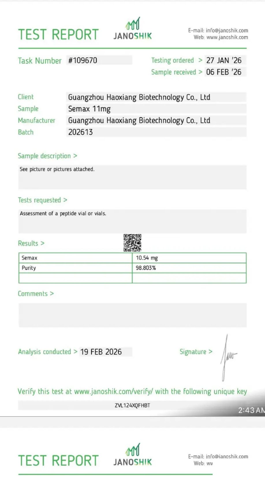 Page one of the Janoshik Analytical certificate of analysis for Semax 10 mg, report #109670, showing 98.803% purity