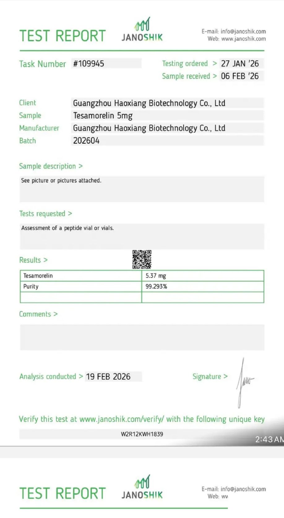 Page one of the Janoshik Analytical certificate of analysis for Tesamorelin 2 mg, report #109945, showing 99.293% purity