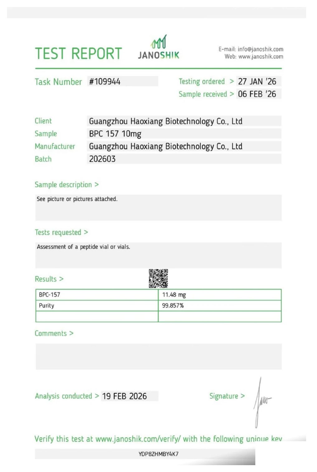 Page one of the Janoshik Analytical certificate of analysis for BPC-157 5 mg, report #109944, showing 99.857% purity