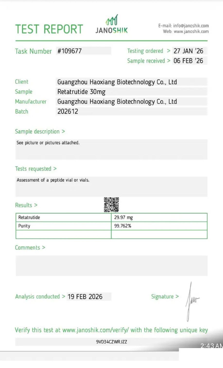 Page one of the Janoshik Analytical certificate of analysis for Retatrutide 10 mg, report #109677, showing 99.762% purity