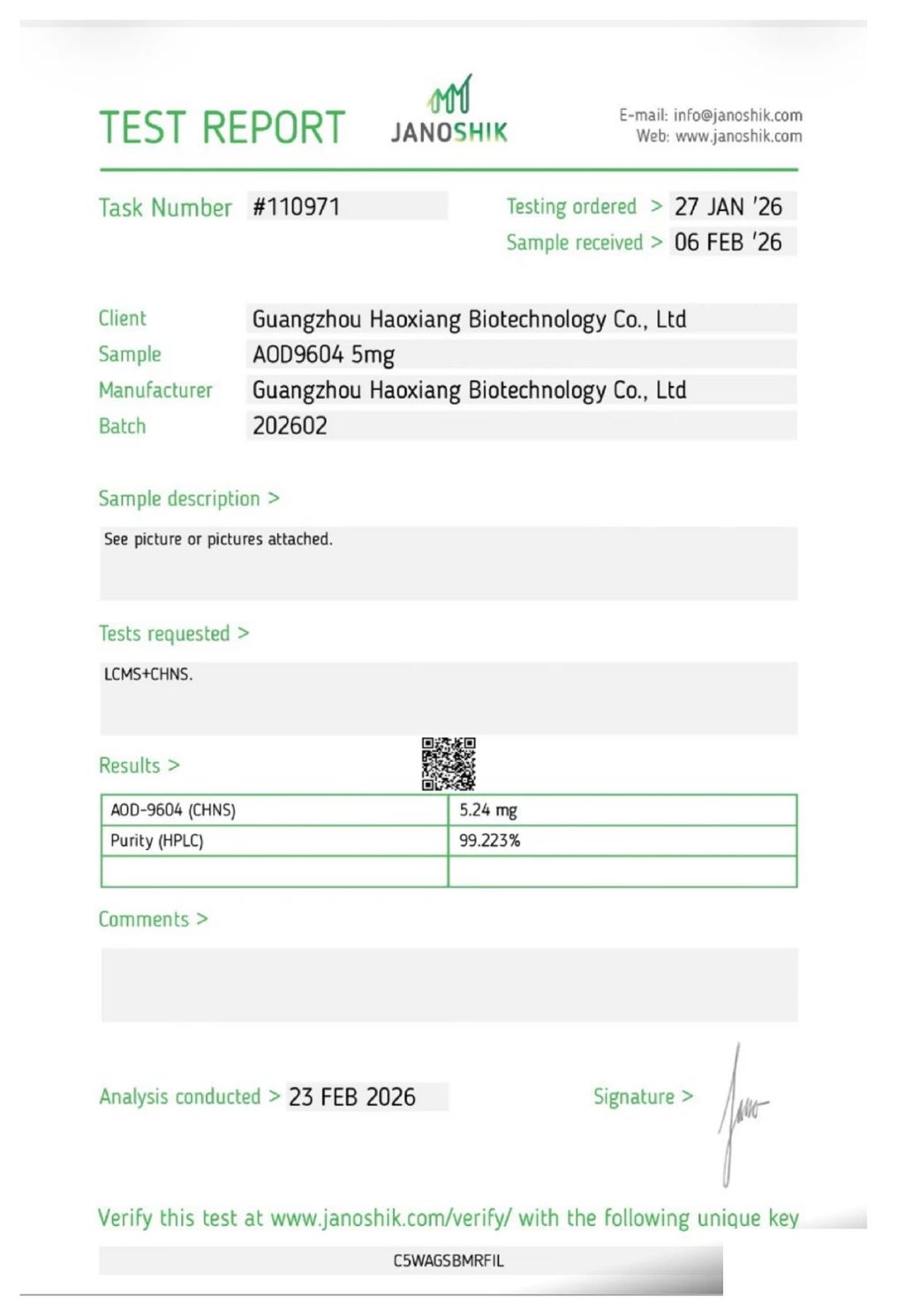 Page one of the Janoshik Analytical certificate of analysis for AOD-9604 5 mg, report #110971, showing 99.223% purity