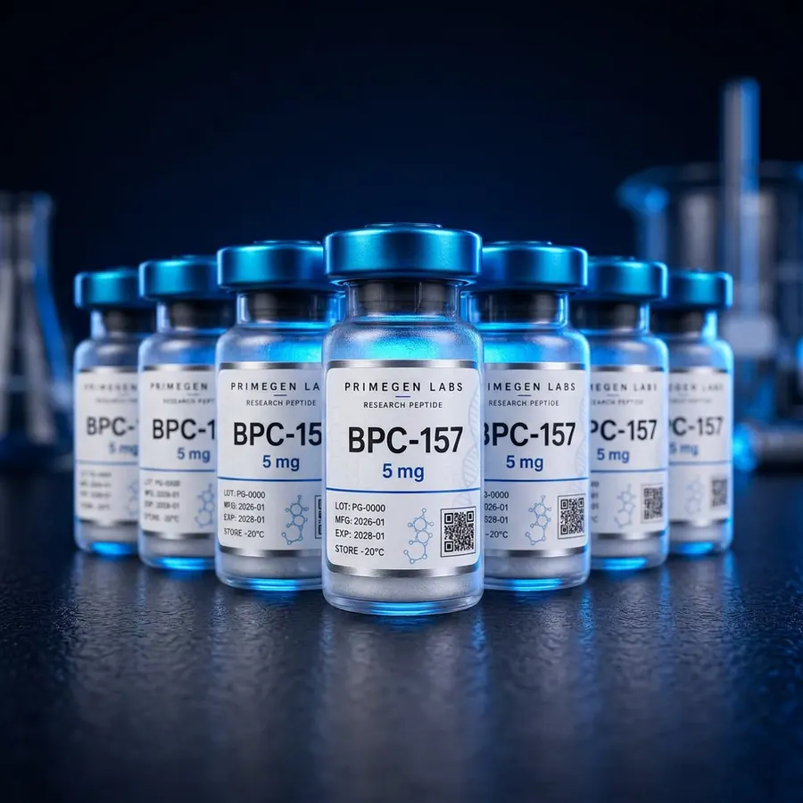 Sealed PRIMEGEN LABS vial of lyophilized peptide powder with aluminium crimp cap